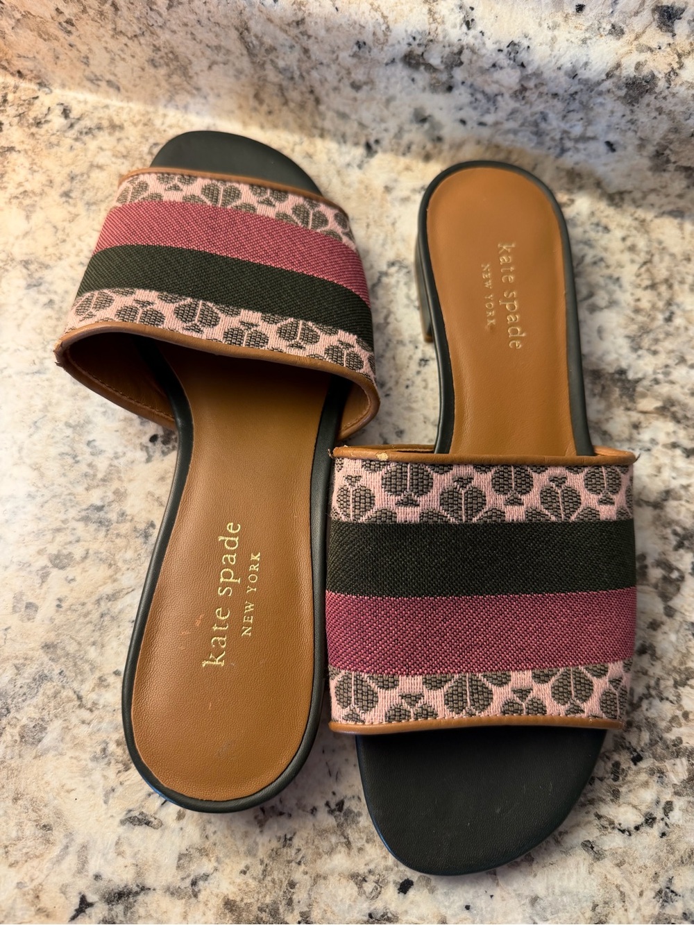 kate spade Pink and Black Patterned Slide Sandals Jacquard Flower Boardwalk